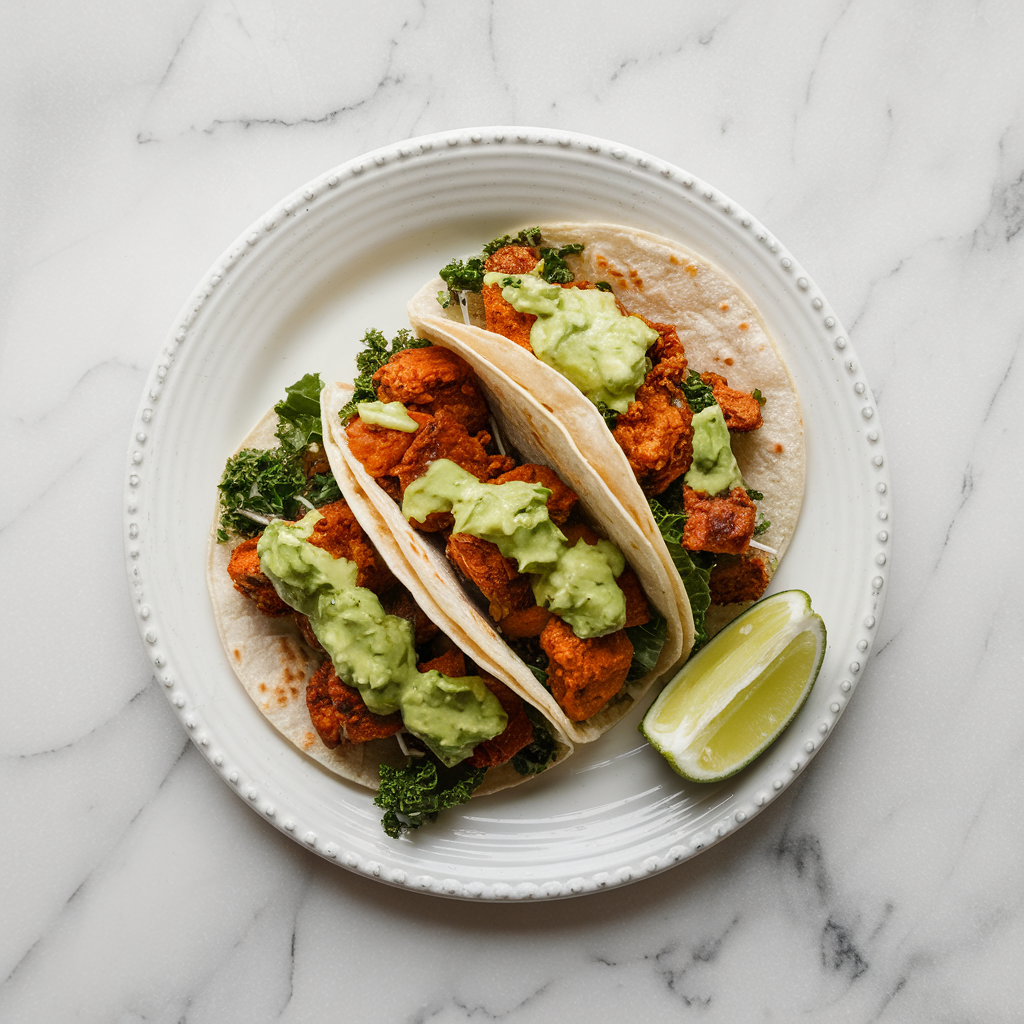 Quick & Easy Air-Fried Jackfruit and Kale Tacos with Spicy Avocado-Lime Dressing