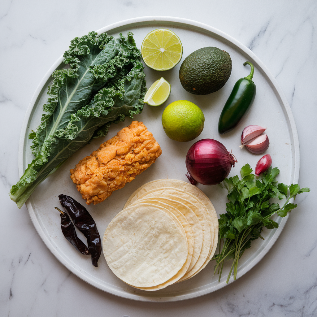 Ingredients for Quick & Easy Air-Fried Jackfruit and Kale Tacos with Spicy Avocado-Lime Dressing