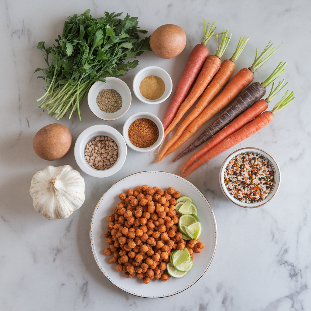 Ingredients for Colorful Rainbow Carrot & Quinoa Salad with Spicy Sriracha Chickpeas