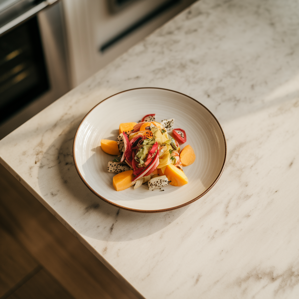 Rainbow Crunch Tempeh & Dragon Fruit Salad with Ginger-Lime Vinaigrette