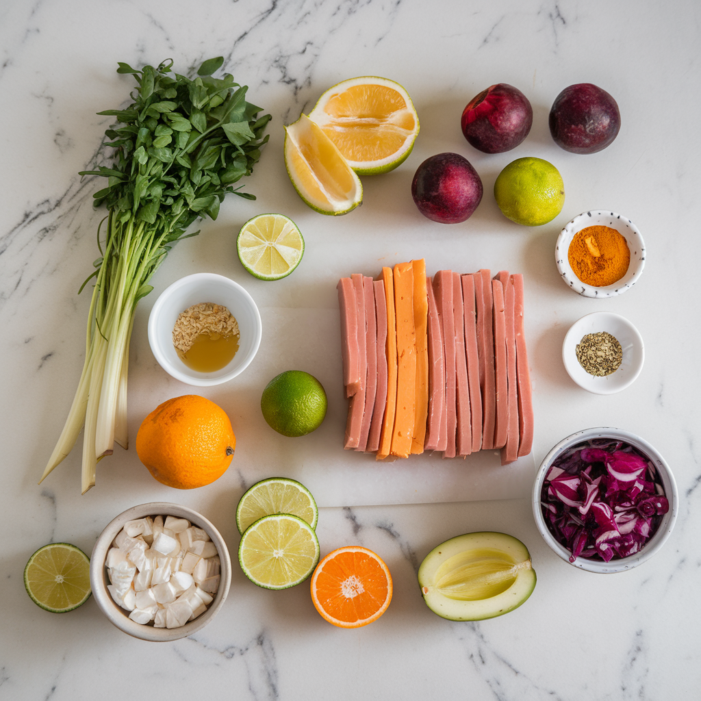 Ingredients for Rainbow Crunch Tempeh & Dragon Fruit Salad with Ginger-Lime Vinaigrette