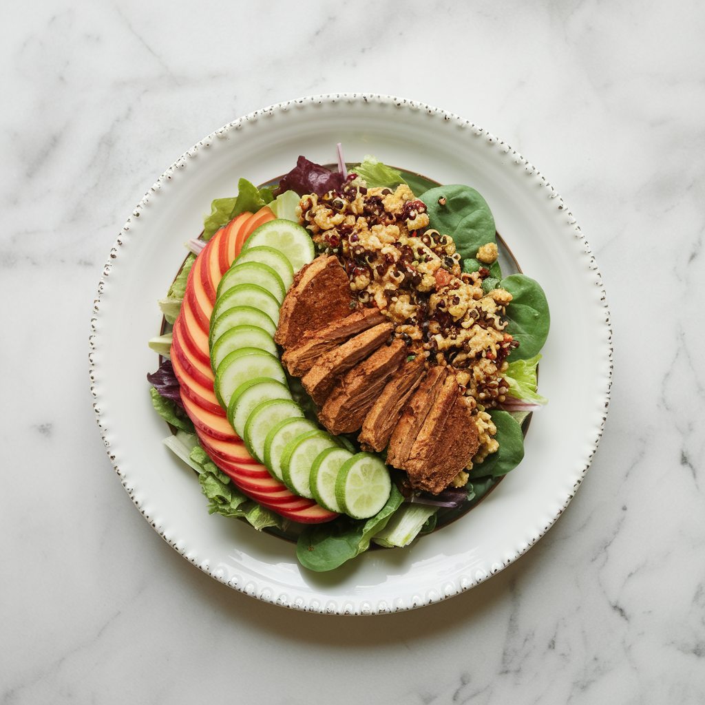Rainbow Harvest Salad with Maple-Lime Seitan and Quinoa Crunch