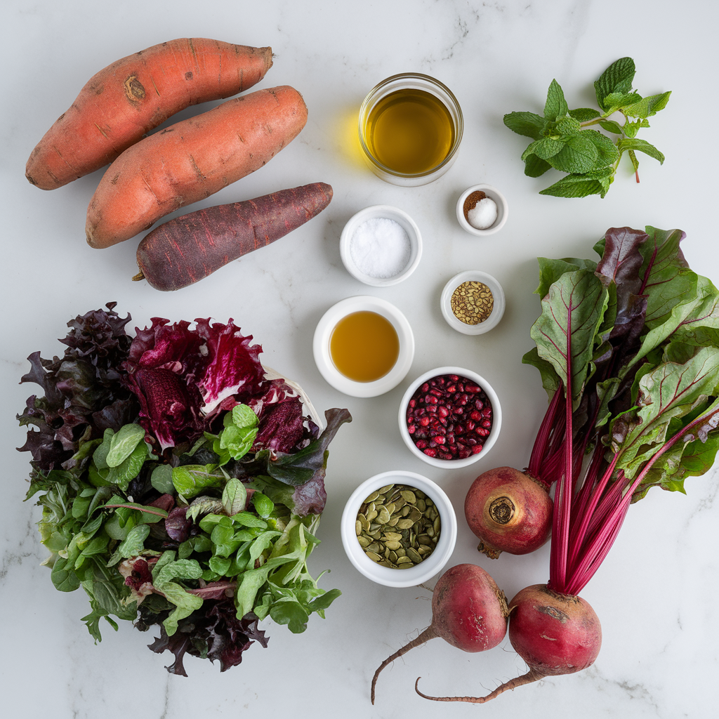 Ingredients for Rainbow Harvest Salad with Maple-Tahini Dressing