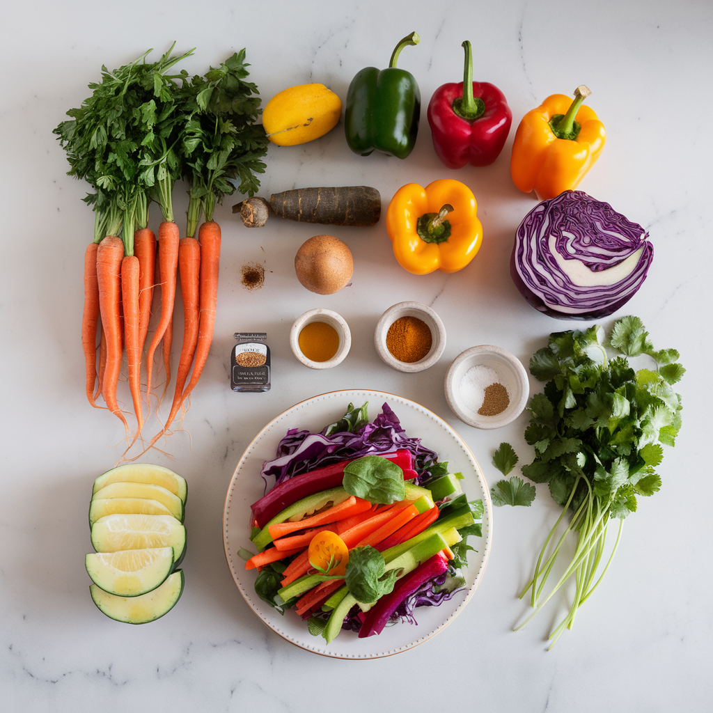 Ingredients for Rainbow Harvest Salad with Maple-Turmeric Vinaigrette