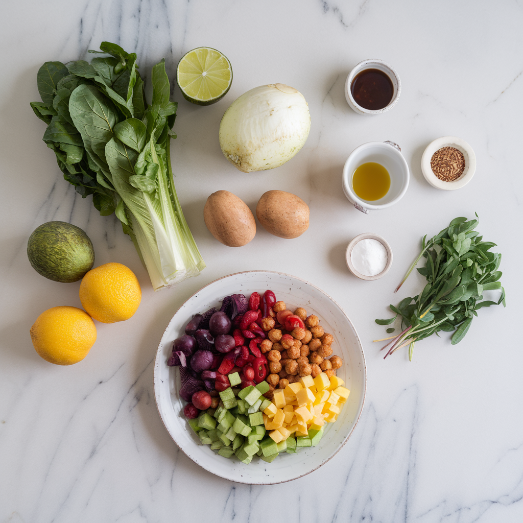 Ingredients for Rainbow Harvest Salad with Spiced Chickpeas and Coconut Lime Dressing