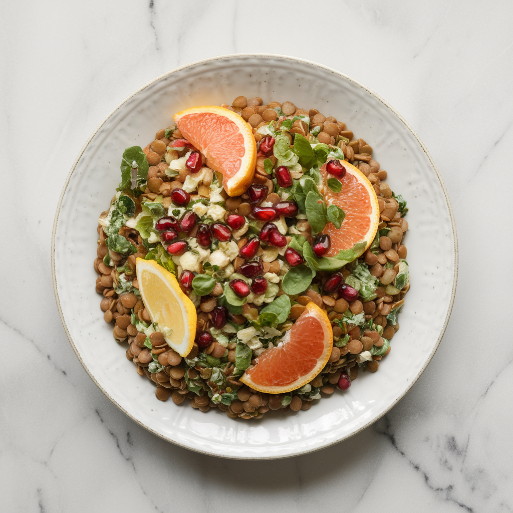 Rainbow Lentil, Citrus & Herb Salad with Spiced Pomegranate Dressing