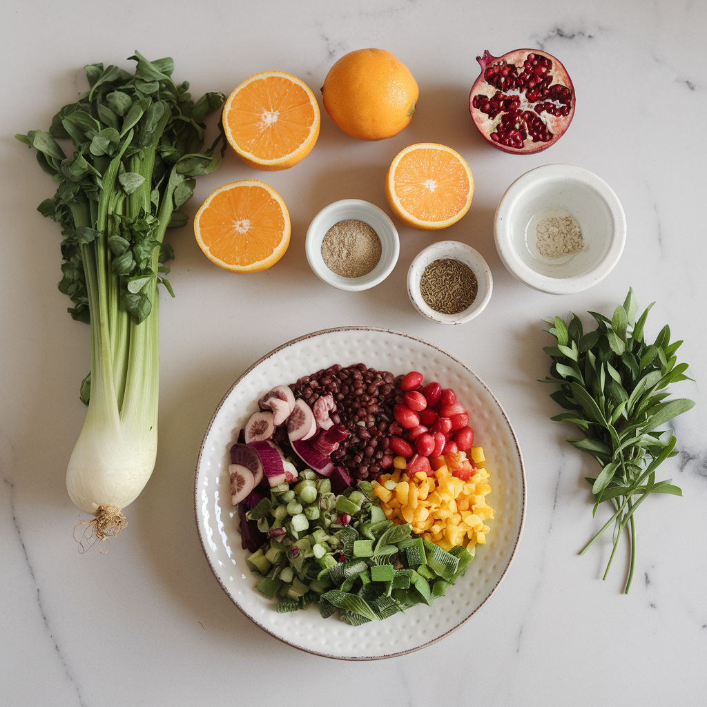 Ingredients for Rainbow Lentil, Citrus & Herb Salad with Spiced Pomegranate Dressing