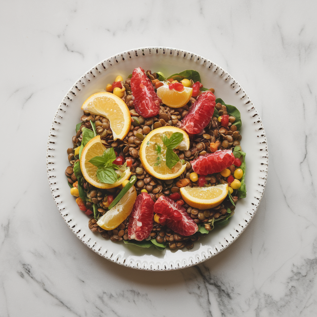 Rainbow Lentil and Citrus Medley Salad with Pomegranate Vinaigrette