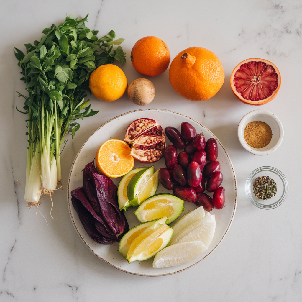 Ingredients for Rainbow Lentil and Citrus Medley Salad with Pomegranate Vinaigrette