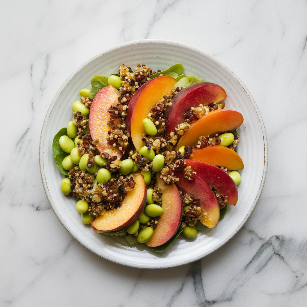 Rainbow Nectarine & Edamame Salad with Spiced Quinoa Crunch