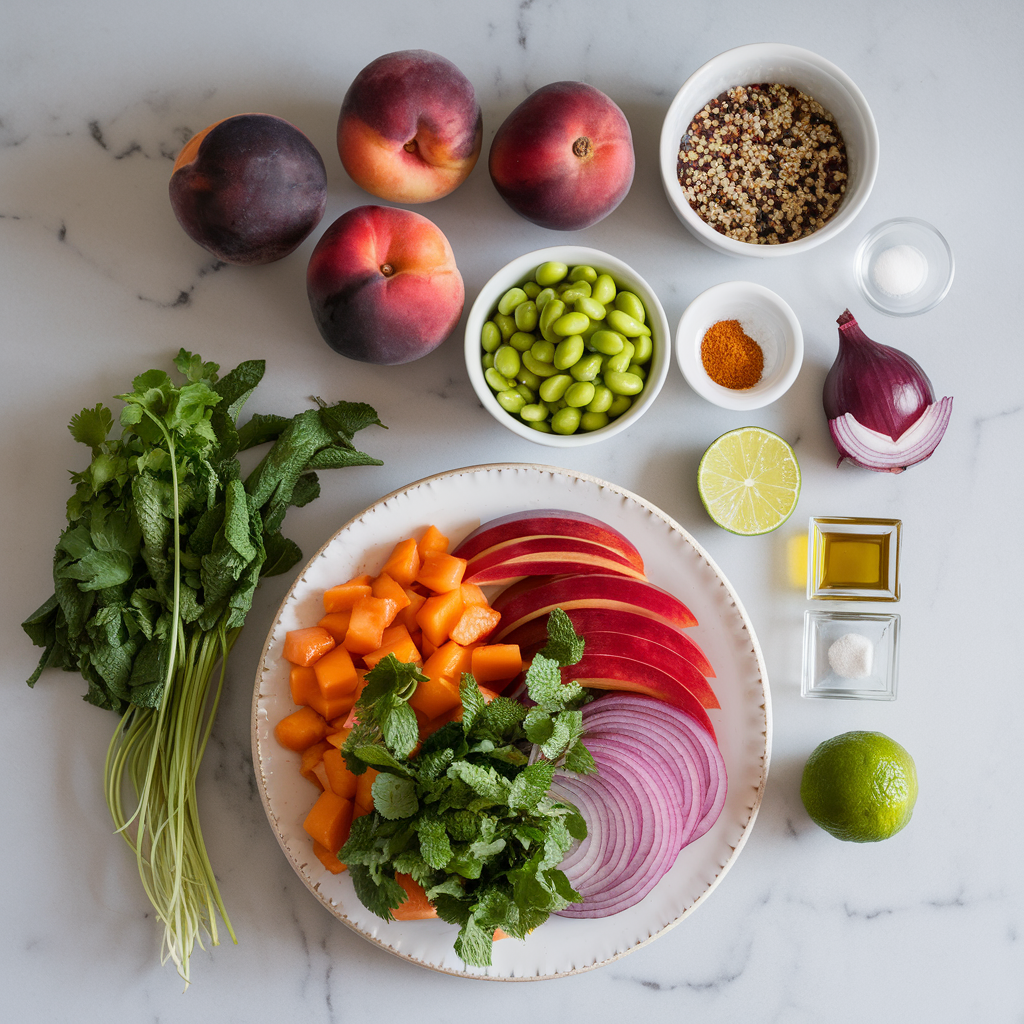 Ingredients for Rainbow Nectarine & Edamame Salad with Spiced Quinoa Crunch