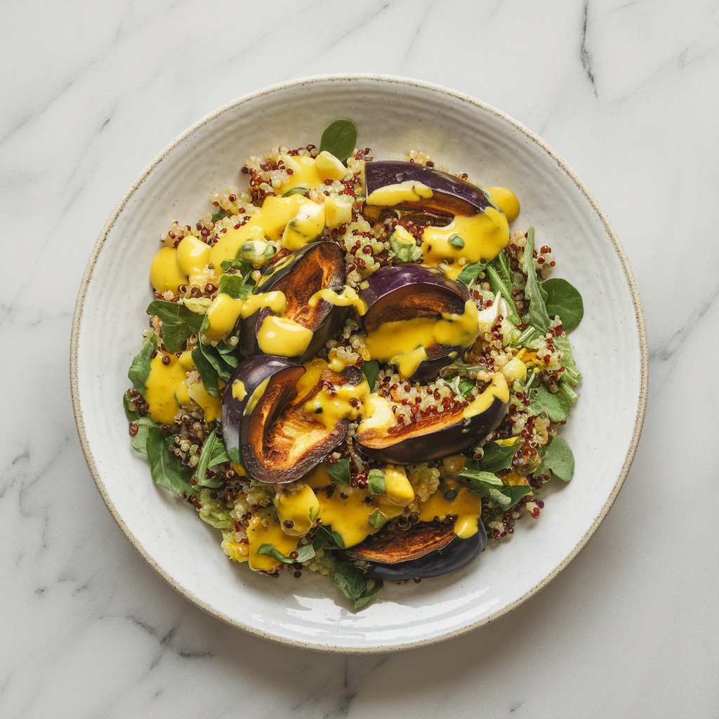 Rainbow Quinoa & Charred Eggplant Salad with Spicy Mango Dressing