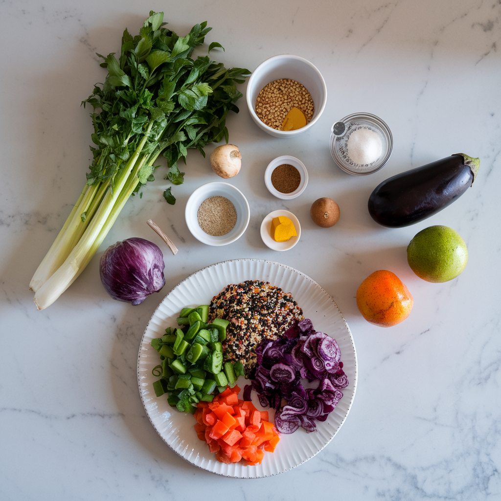 Ingredients for Rainbow Quinoa & Charred Eggplant Salad with Spicy Mango Dressing