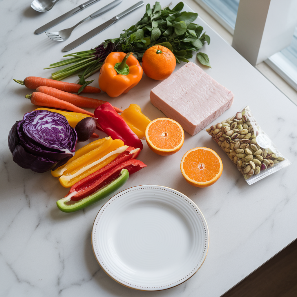 Ingredients for Rainbow Tempeh Citrus Salad with Spiced Pistachio Crunch