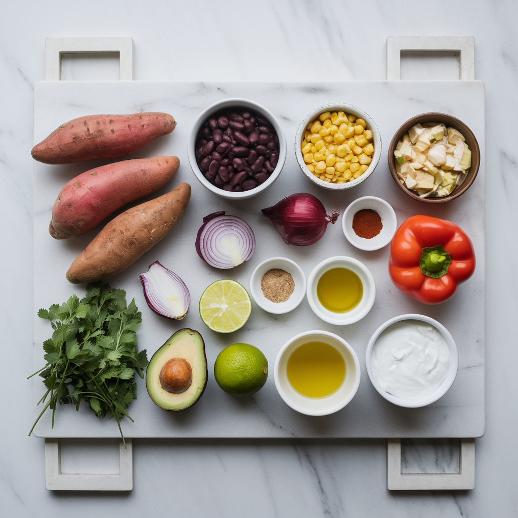 Ingredients for Revamped Sweet Potato & Black Bean Enchiladas with Avocado-Lime Yogurt Sauce