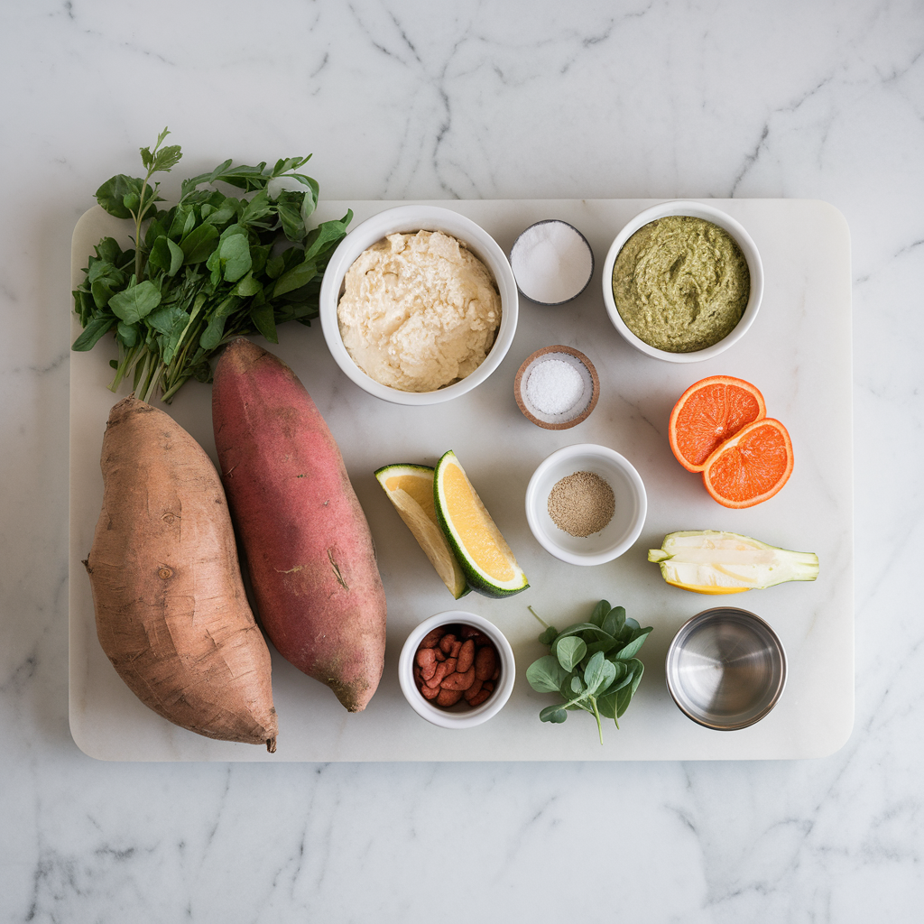 Ingredients for Revitalized Sweet Potato Lasagna with Zucchini Ricotta and Cashew Pesto