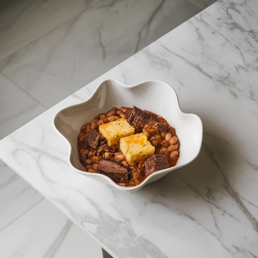Rich & Smoky Beef Brisket Bean Stew with Cheesy Cornbread Croutons