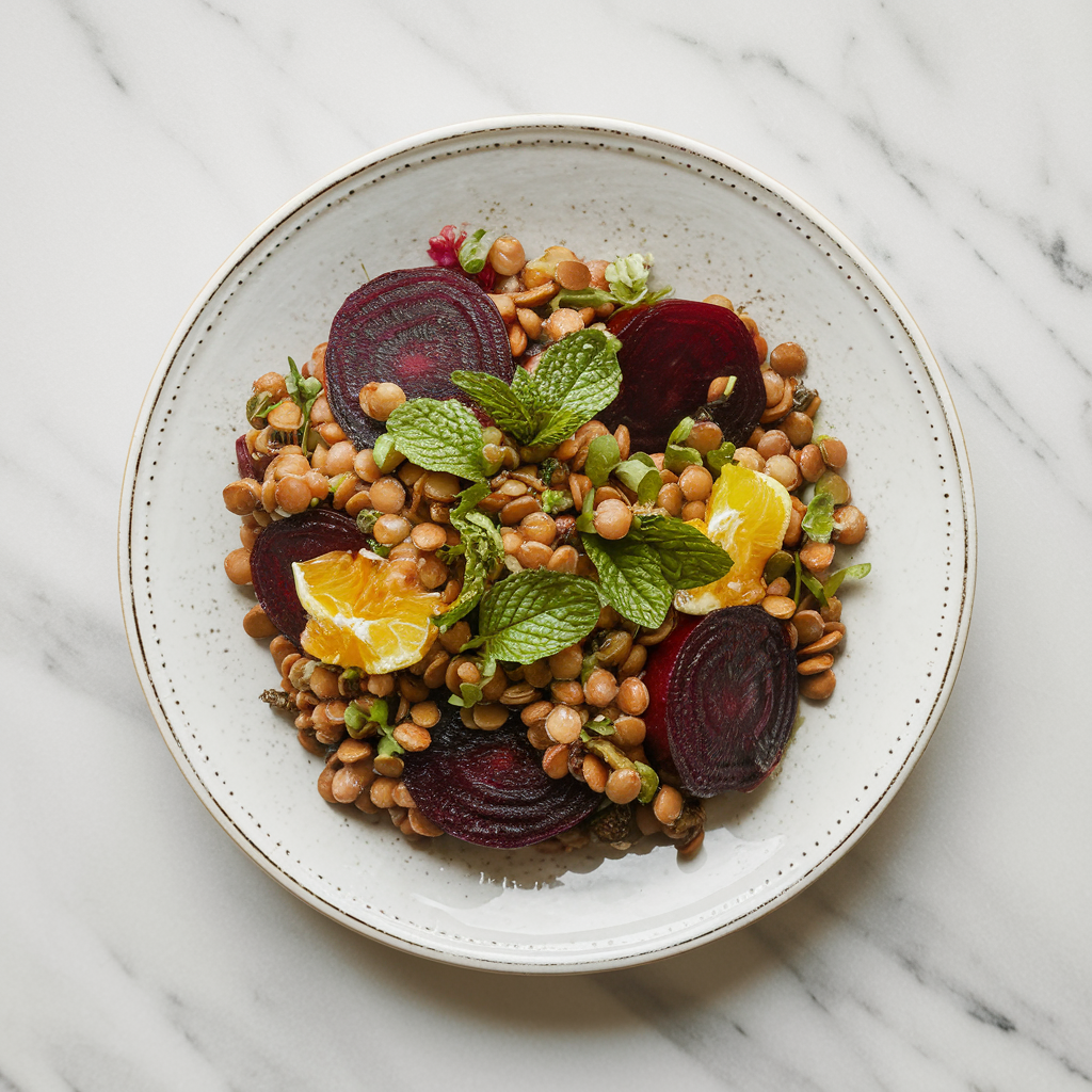 Roasted Beet and Spiced Lentil Salad with Citrus-Mint Dressing