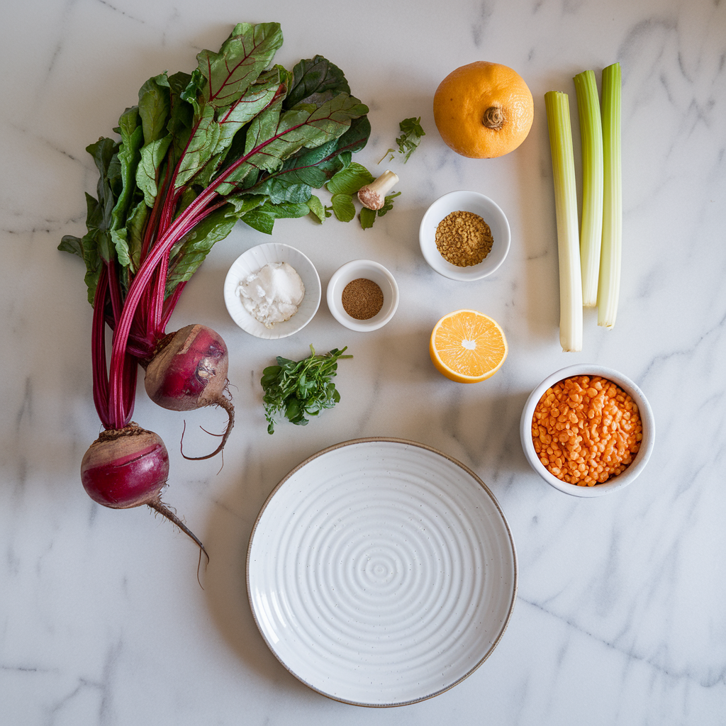 Ingredients for Roasted Beet and Spiced Lentil Salad with Citrus-Mint Dressing