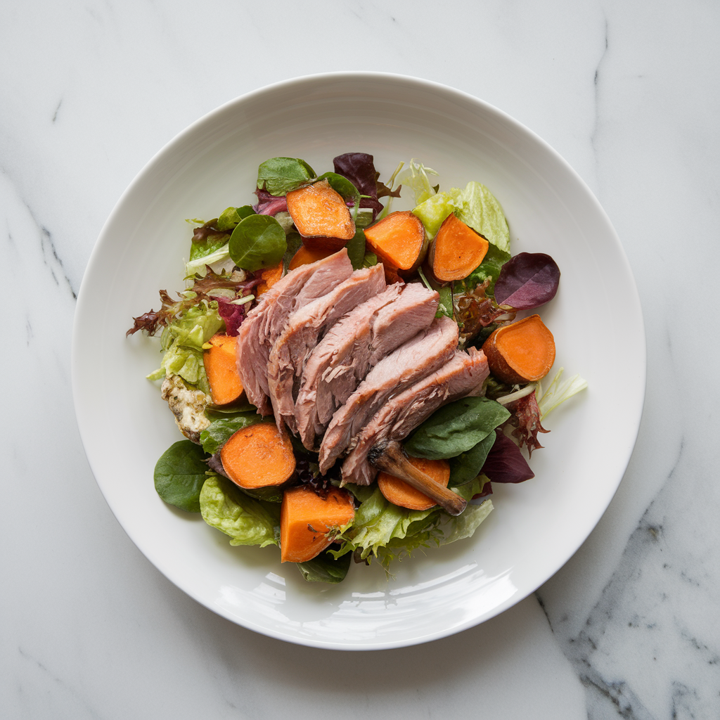 Roasted Duck & Sweet Potato Harvest Salad with Maple Bourbon Vinaigrette