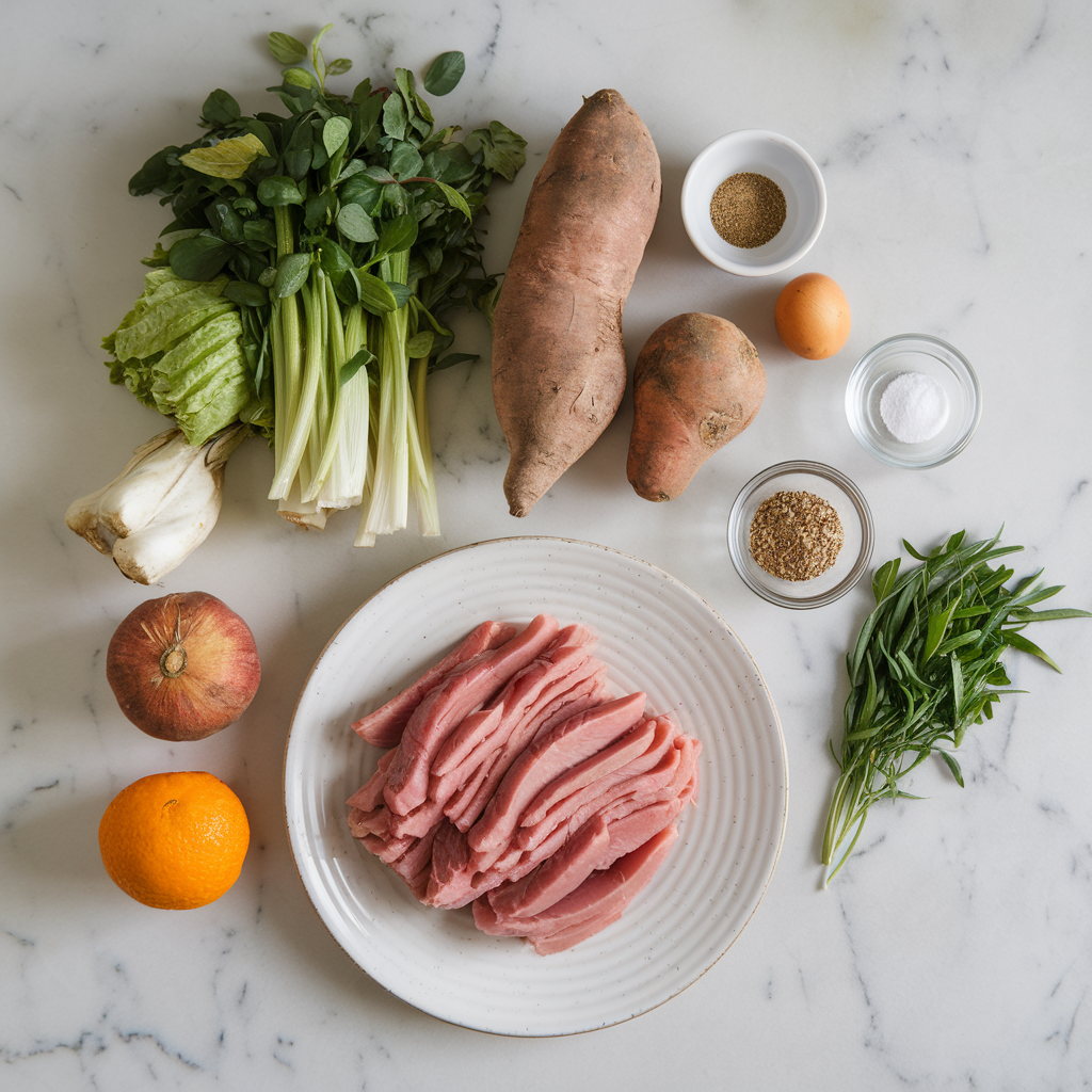Ingredients for Roasted Duck & Sweet Potato Harvest Salad with Maple Bourbon Vinaigrette