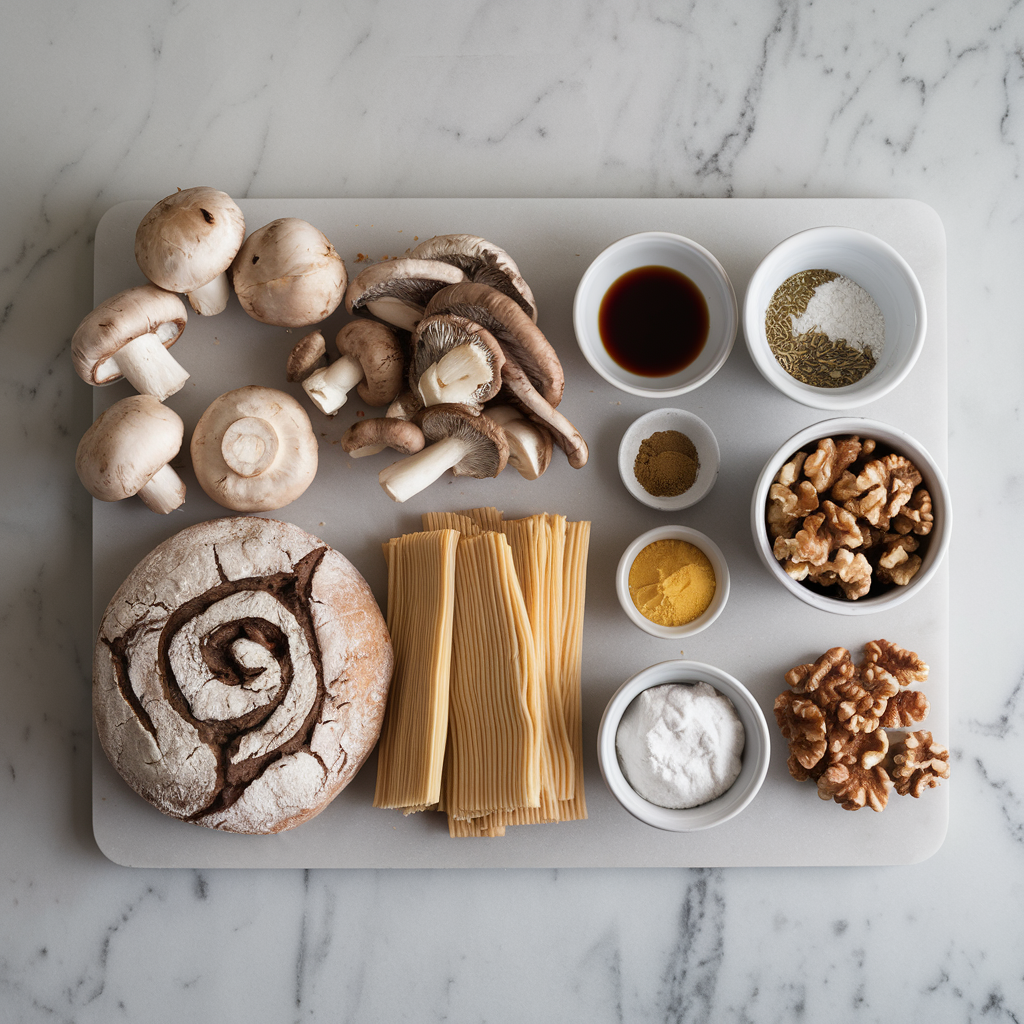 Ingredients for Rustic Miso Mushroom Swirl Bread with Walnuts