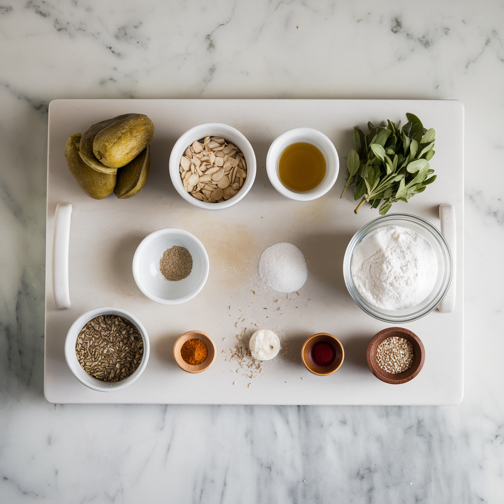 Ingredients for Rustic Olive & Herb Einkorn Bread with Sunflower Seeds