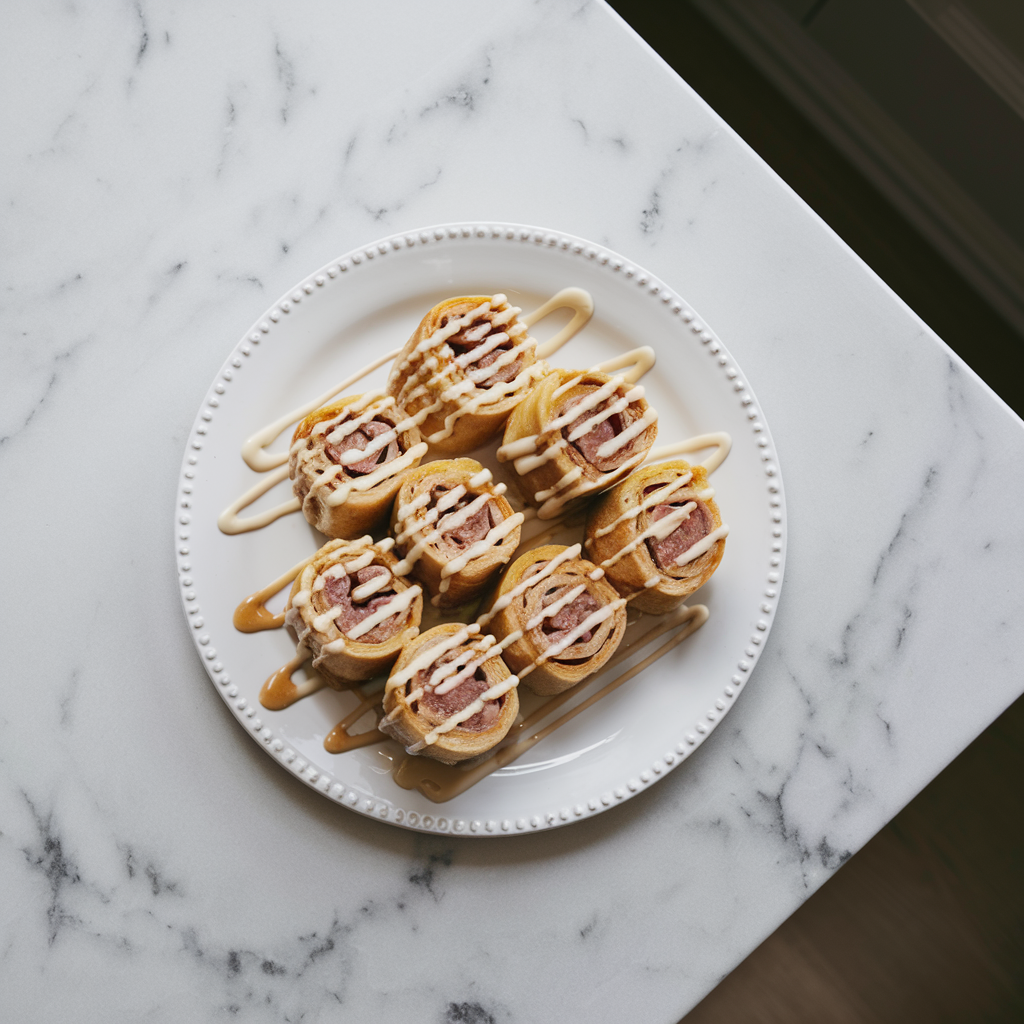 Sausage-Stuffed French Toast Roll-Ups with Maple Cream Cheese Drizzle
