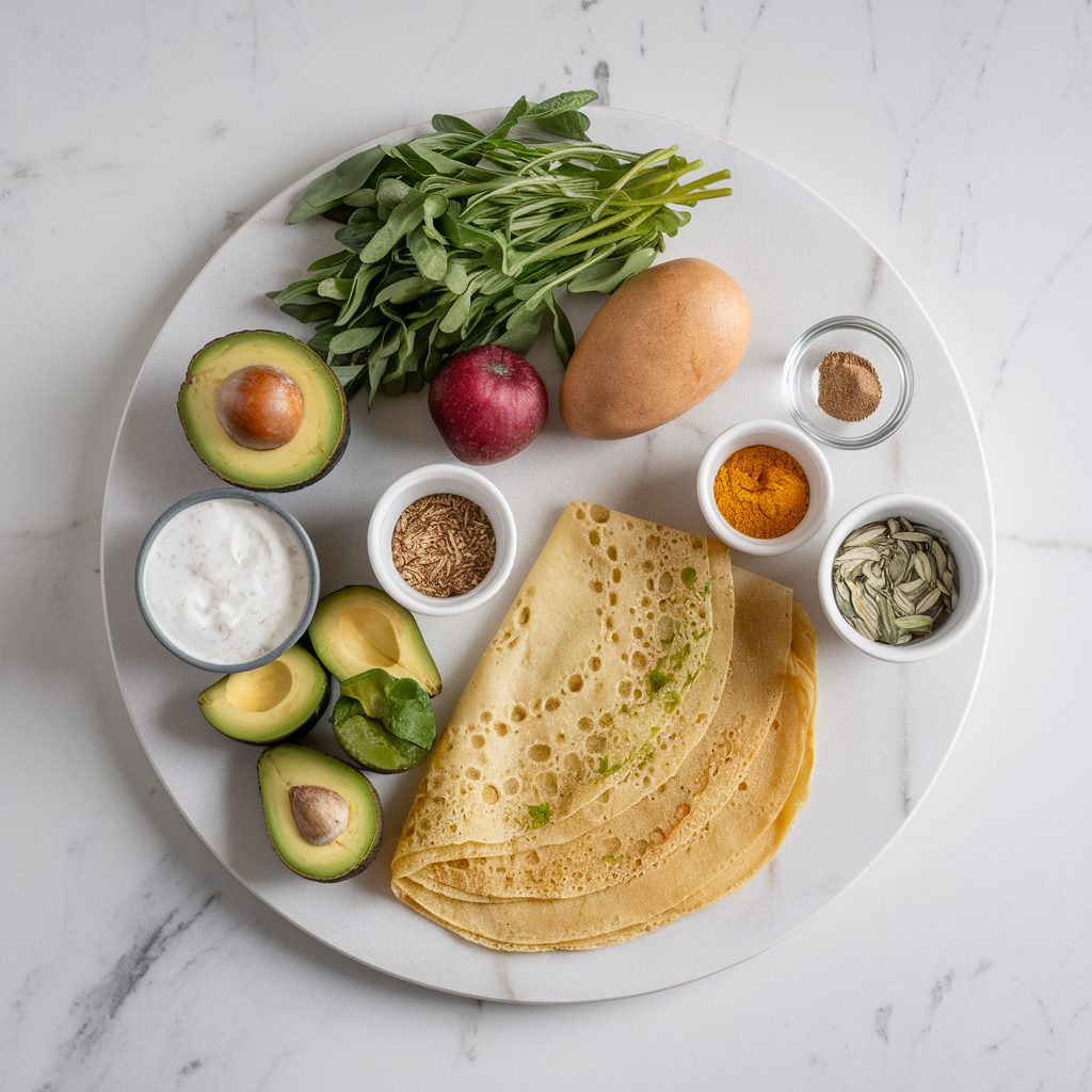 Ingredients for Savory Avocado & Chickpea Breakfast Crepes with Herb Yogurt Drizzle