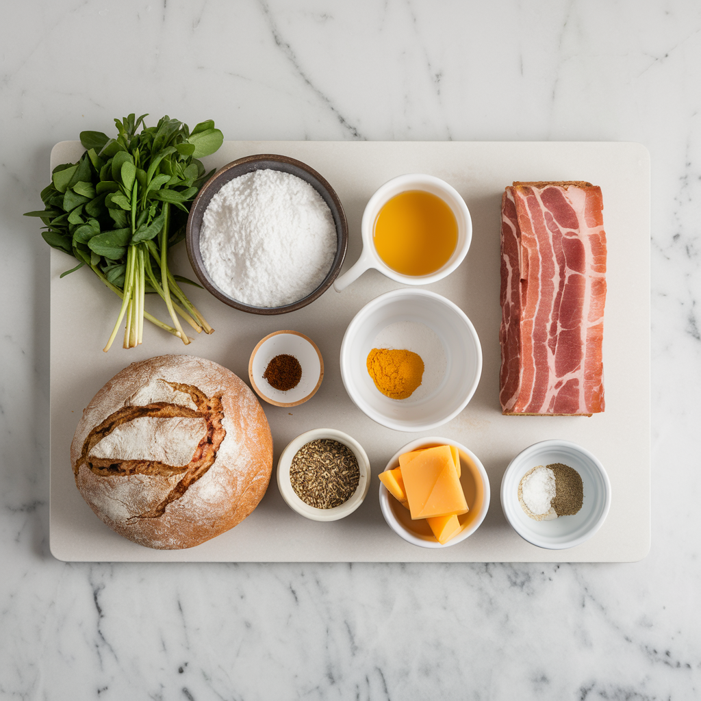 Ingredients for Savory Bacon-Cheddar Swirl Bread: A Meaty Twist on Artisan Loaves