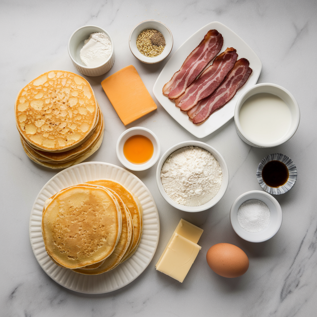 Ingredients for Savory Bacon & Cheese Breakfast Pancake Stack