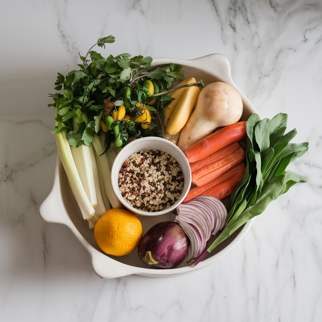Ingredients for Savory Balsamic Jackfruit & Quinoa Skillet with Roasted Eggplant Salsa