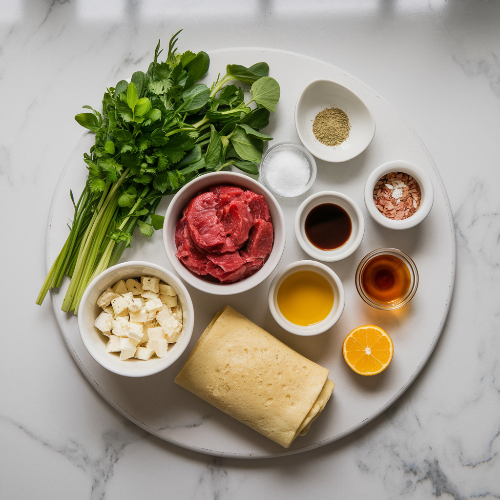 Ingredients for Savory Beef & Blue Cheese Stuffed Pancake Roll-Ups