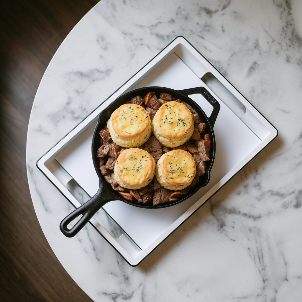 Savory Beef Breakfast Skillet with Cheesy Herb Biscuits
