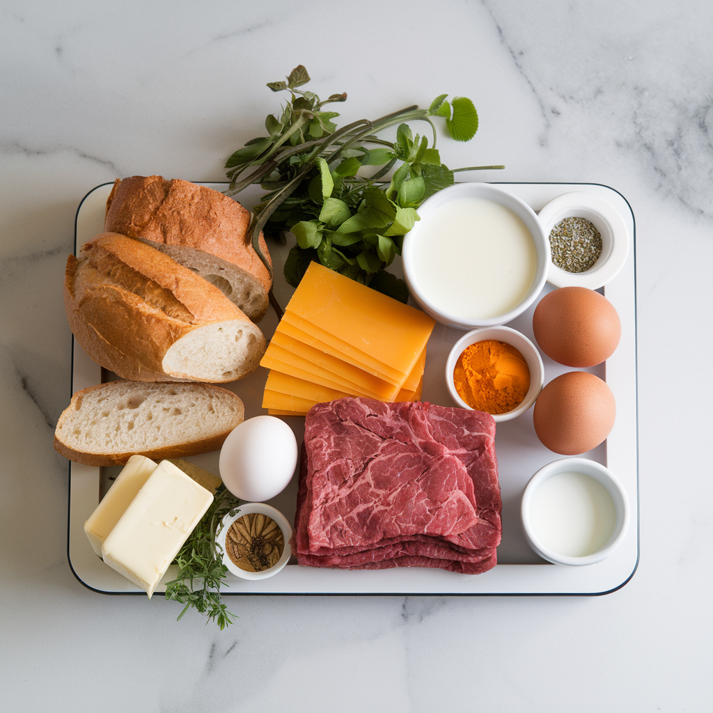 Ingredients for Savory Beef and Cheddar Breakfast Bread Pudding