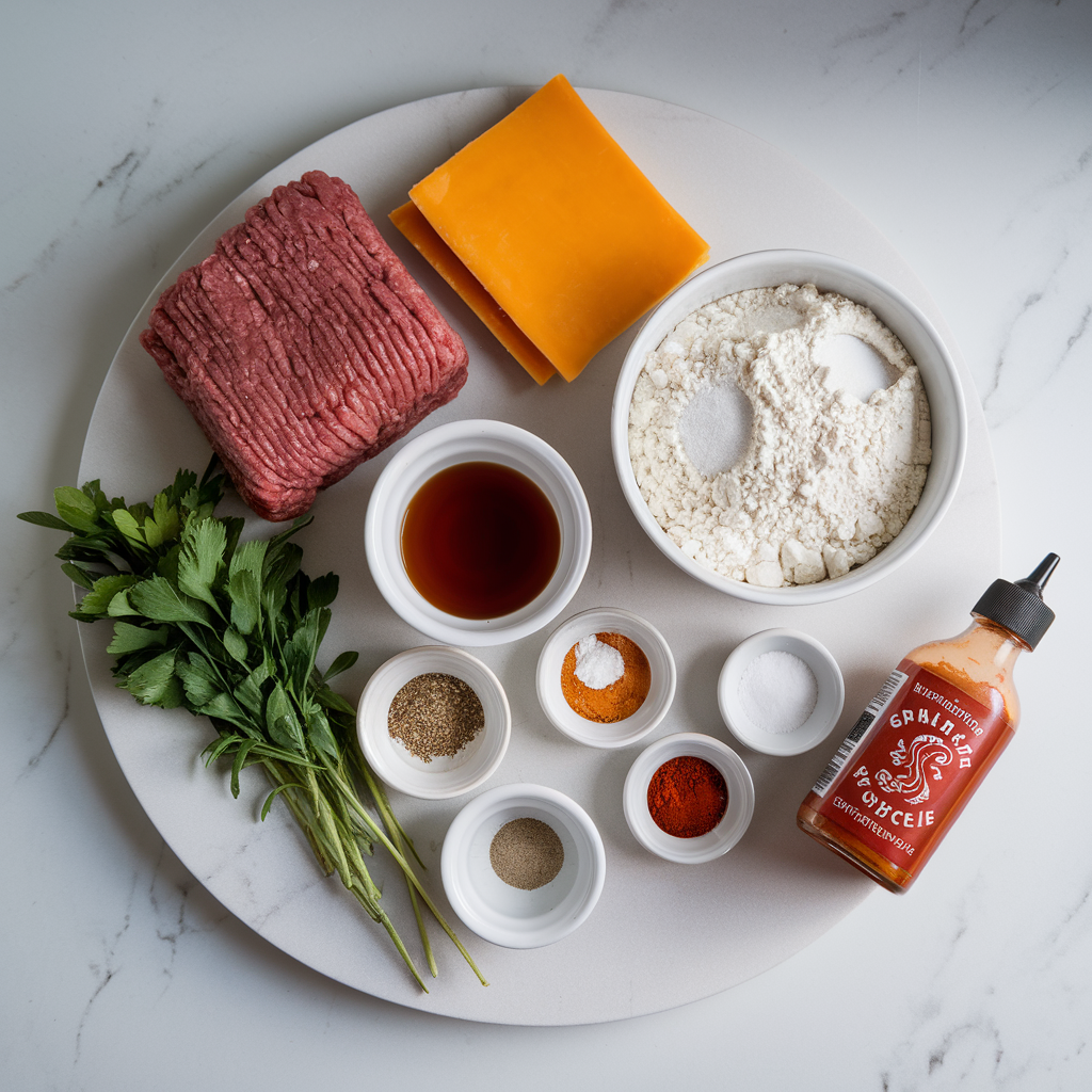 Ingredients for Savory Beef & Cheddar Donut Sliders with Maple Sriracha Glaze