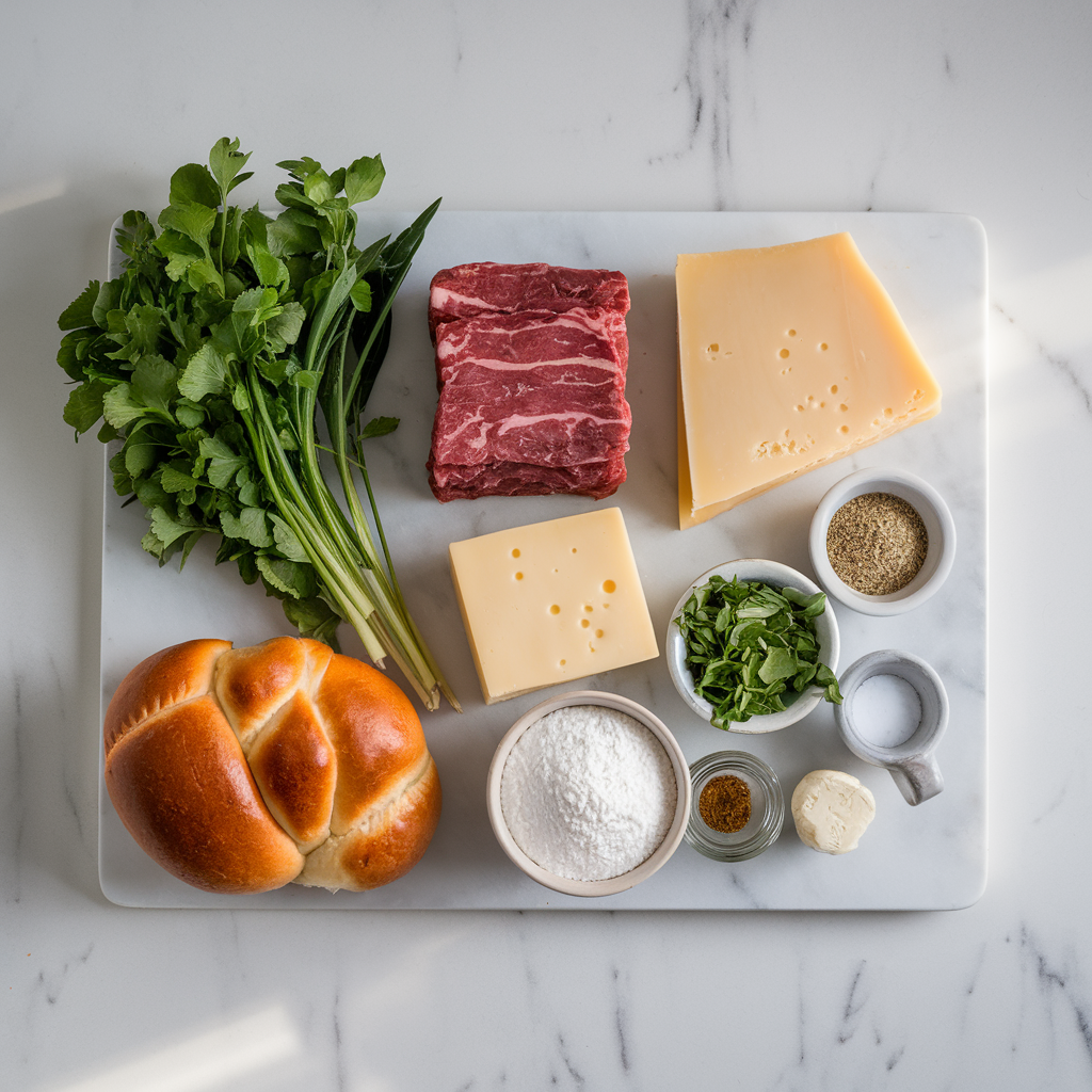 Ingredients for Savory Beef and Cheese-Stuffed Brioche Pull-Apart Loaf
