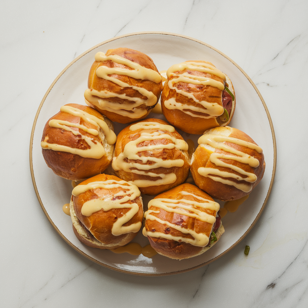 Savory Beef-Stuffed Brioche Bombs with Cheesy Jalapeño Drizzle