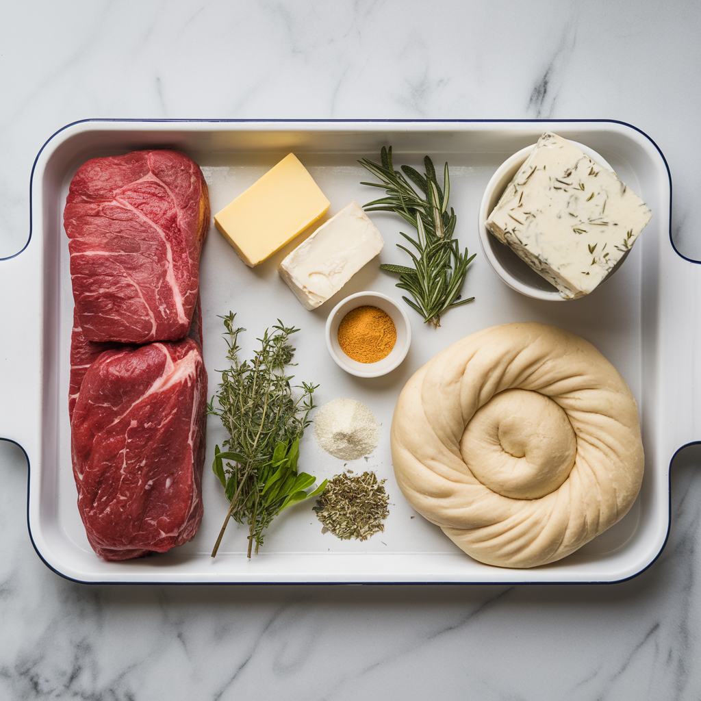 Ingredients for Savory Beef-Stuffed Brioche Swirls with Herb Cheese Filling