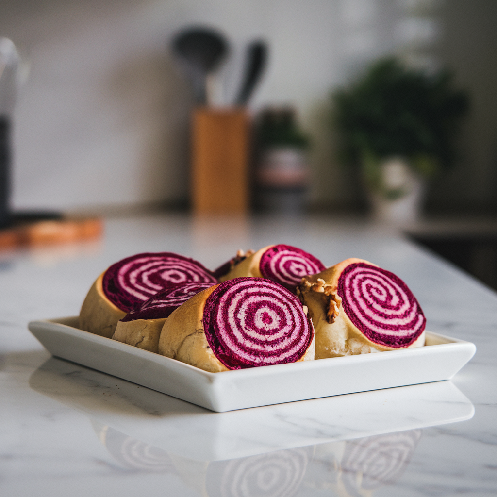Savory Beetroot Swirl Sourdough Rolls with Walnut and Feta