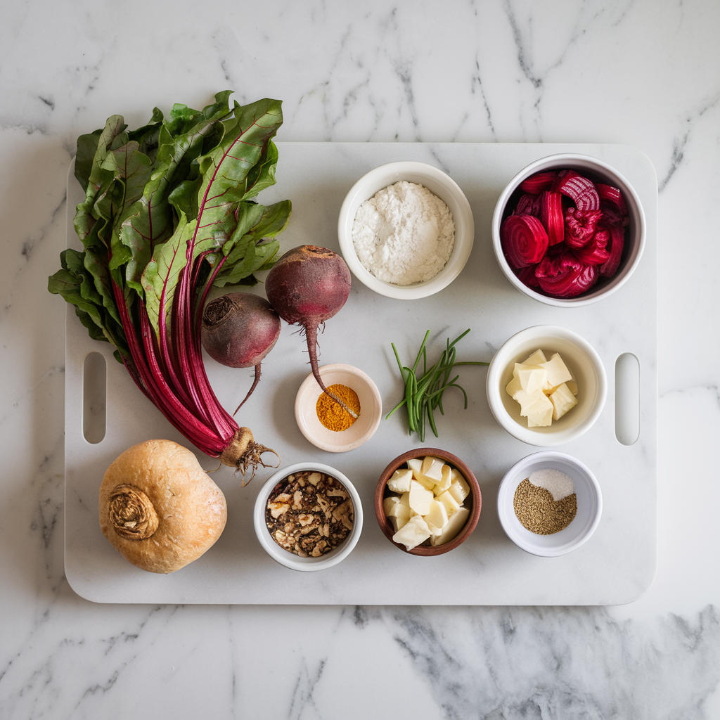 Ingredients for Savory Beetroot Swirl Sourdough Rolls with Walnut and Feta