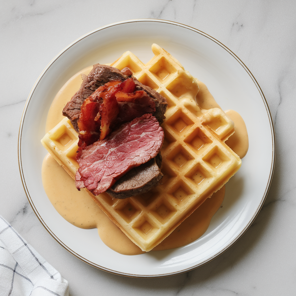 Savory Breakfast Beef & Bacon Waffles with Cheese Sauce