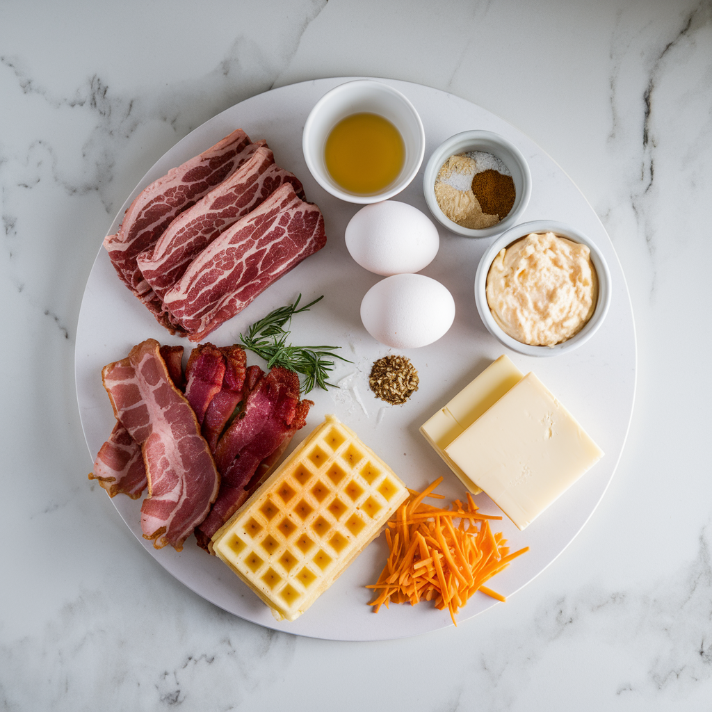 Ingredients for Savory Breakfast Beef & Bacon Waffles with Cheese Sauce