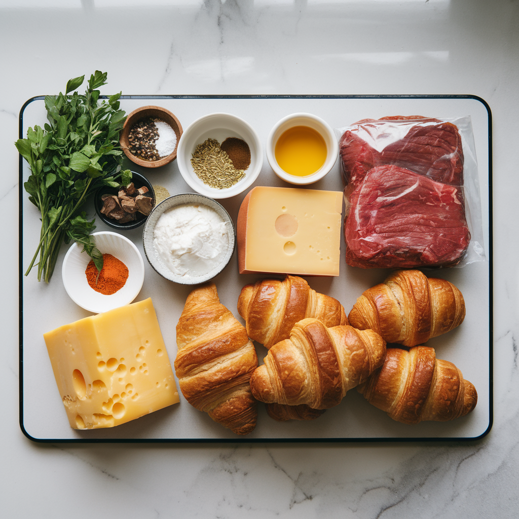 Ingredients for Savory Breakfast Beef & Cheese Croissant Bake