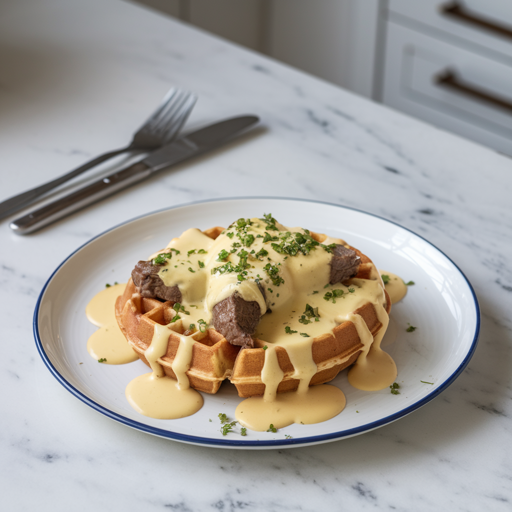 Savory Breakfast Beef & Egg Waffles with Cheesy Hollandaise Drizzle