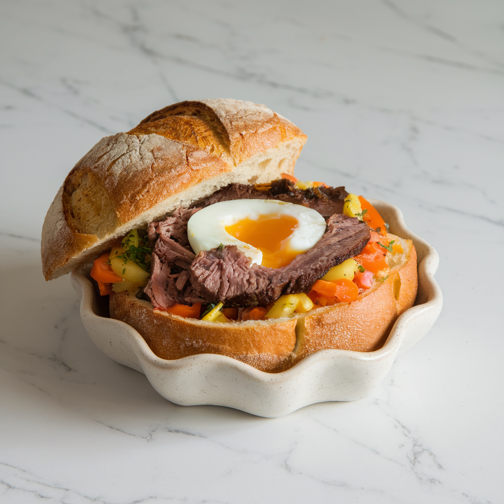 Savory Breakfast Brisket Bread Bowls with Cheesy Egg Surprise