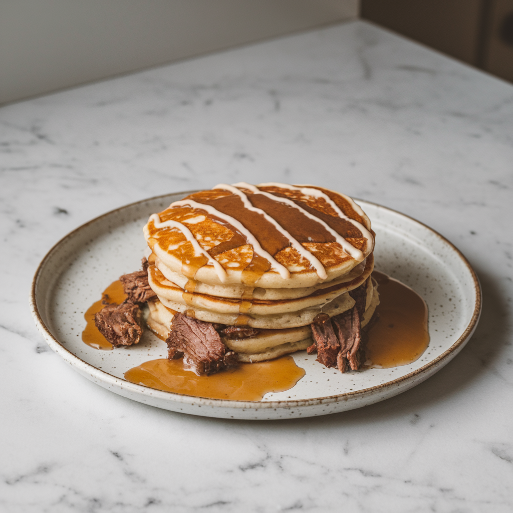 Savory Breakfast Brisket Pancakes with Maple-Cream Drizzle
