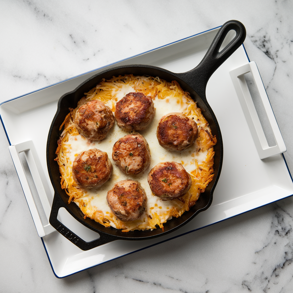 Savory Breakfast Meatball Skillet with Cheesy Hash Browns