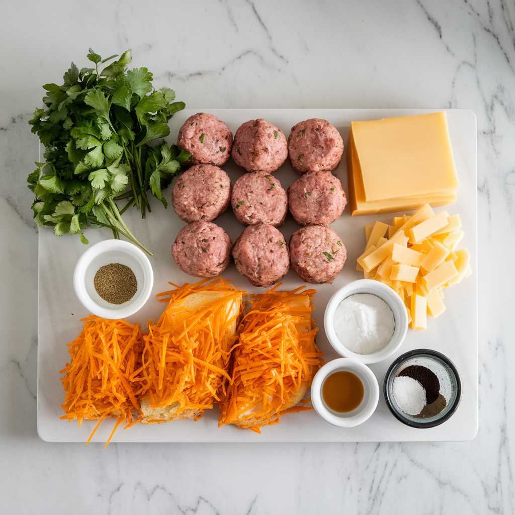 Ingredients for Savory Breakfast Meatball Skillet with Cheesy Hash Browns