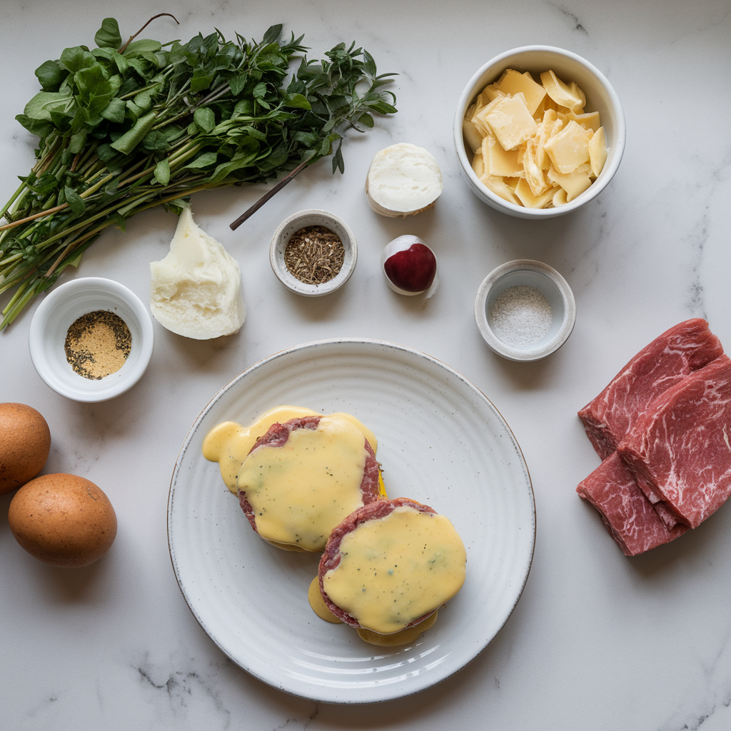 Ingredients for Savory Breakfast Meatloaf Benedict with Cheesy Hollandaise